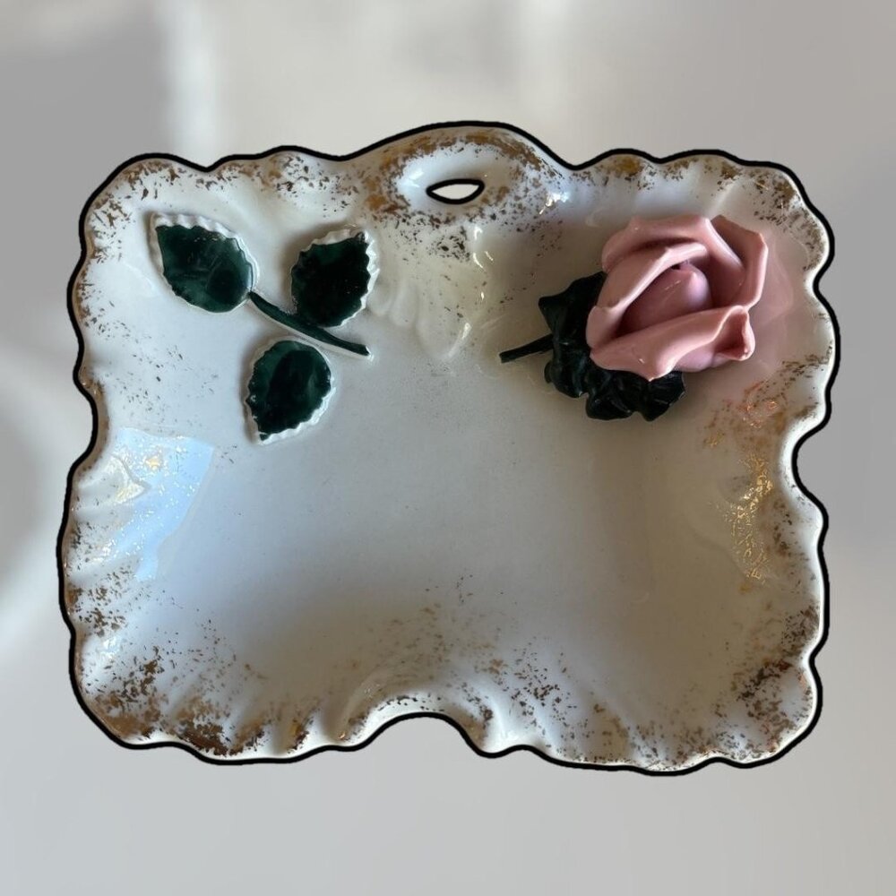 VTG Lefton Pink Rose Trinket Dish White Porcelain Floral Gold Trim Cottagecore